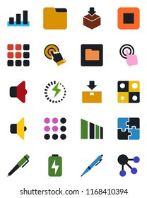 Color and black flat icon set - package vector, sorting, touch screen, stop button, menu, folder, charge, application, pen, sound, social media
