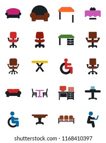 Color and black flat icon set - cafe vector, waiting area, office chair, desk, picnic table, disabled, cushioned furniture, restaurant, man with notebook