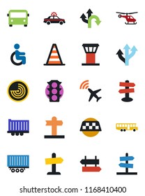 Color and black flat icon set - airport tower vector, plane radar, taxi, bus, signpost, alarm car, border cone, helicopter, disabled, route, traffic light, truck trailer, guidepost