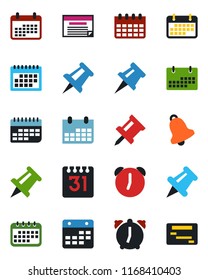 Color and black flat icon set - drawing pin vector, calendar, term, paper, alarm, bell, schedule