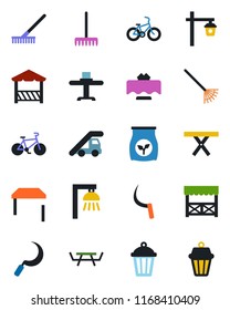 Color and black flat icon set - ladder car vector, rake, sickle, garden light, picnic table, fertilizer, bike, restaurant, alcove, outdoor lamp