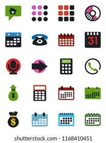 Color and black flat icon set - right arrow vector, calendar, circle chart, microphone, menu, calculator, phone, home message, money bag