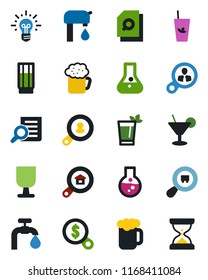 Color and black flat icon set - document search vector, fragile, cargo, water supply, estate, client, drink, cocktail, phyto bar, beer, consumer, money, idea, flask, sand clock
