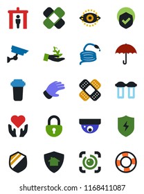 Color and black flat icon set - security gate vector, glove, hose, patch, heart hand, umbrella, shield, protect, lock, eye id, water filter, home, surveillance, palm sproute, crisis management
