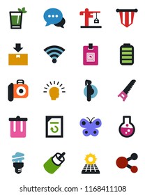 Color and black flat icon set - trash bin vector, pennant, document reload, saw, butterfly, pregnancy, package, camera, dialog, battery, rca, wireless, identity card, sun panel, crane, phyto bar