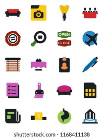 Color and black flat icon set - waiting area vector, pen, stamp, stomach, implant, plane, search cargo, news, themes, sim, photo gallery, checklist, meeting, cushioned furniture, restaurant table