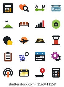 Color and black flat icon set - airport tower vector, waiting area, heart diagnostic, plane, term, heavy scales, route, settings, calculator, calendar, clipboard, bar graph, sun panel, rooms