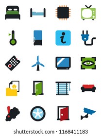 Color and black flat icon set - tv vector, estate document, bedroom, cushioned furniture, fridge, chip, power plug, fan, remote control, smoke detector, thermometer, jalousie, eye scan, door