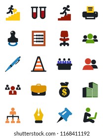 Color and black flat icon set - border cone vector, hierarchy, office chair, team, meeting, blood test vial, group, drawing pin, building, abacus, ink pen, printer, stamp, career ladder, money bag