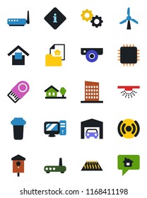 Color and black flat icon set - bird house vector, warehouse storage, with tree, garage, estate document, city, chip, wireless, router, web camera, pc, gear, water filter, warm floor, windmill