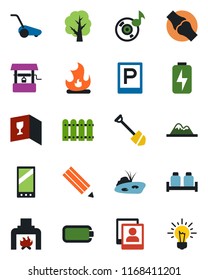 Color and black flat icon set - parking vector, job, tree, lawn mower, fire, well, joint, mobile, music, photo gallery, battery, charge, pencil, pond, mountains, fence, fireplace, wine card, idea