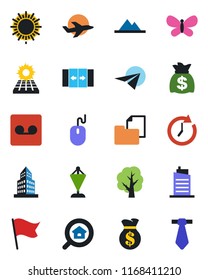 Color and black flat icon set - automatic door vector, sun, pennant, mouse, money bag, tree, butterfly, plane, folder document, record, office building, panel, mountains, estate search, city house