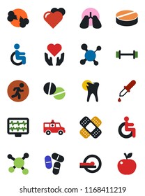 Color and black flat icon set - heart vector, monitor pulse, molecule, dropper, pills, patch, tomography, ambulance car, barbell, run, disabled, hand, lungs, caries, broken bone, apple fruit