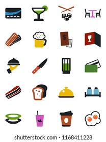 Color and black flat icon set - cafe vector, coffee, dish, wine card, drink, cocktail, phyto bar, beer, plates, bacon, waiter, salt and pepper, bread, credit, restaurant receipt, knife, sushi