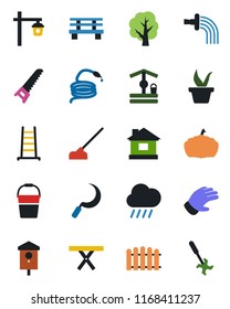 Color and black flat icon set - fence vector, ladder, seedling, tree, bucket, watering, glove, saw, house, rain, well, hose, hoe, sickle, bench, pumpkin, garden light, picnic table, bird, ripper