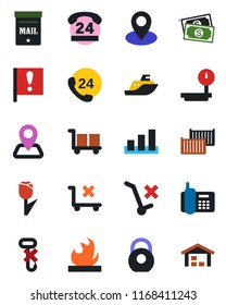 Color and black flat icon set - navigation vector, pin, important flag, cash, office phone, 24 hours, sea shipping, cargo container, no trolley, hook, tulip, sorting, heavy, flammable, scales
