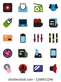 Color and black flat icon set - radio vector, news, settings, tv, video camera, microphone, network, cell phone, touch screen, laptop pc, group, battery, mail, rec button, rca, sound