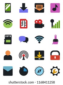 Color and black flat icon set - antenna vector, mobile, message, themes, user, stopwatch, mail, sd, sim, download, wireless, compass, lock, music, video, cellular signal, root setup