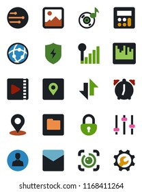 Color and black flat icon set - gallery vector, protect, tuning, user, calculator, alarm, mail, scanner, network, folder, data exchange, place tag, lock, eye id, music, video, cellular signal
