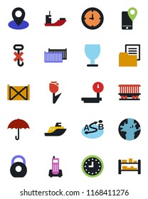 Color and black flat icon set - earth vector, pin, railroad, office phone, mobile tracking, sea shipping, cargo container, clock, folder document, fragile, umbrella, no hook, tulip, heavy, scales