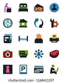 Color and black flat icon set - parking vector, female, baby room, hierarchy, house, term, camera, network, update, user, root setup, news, printer, bedroom, steak, cheese, man with notebook