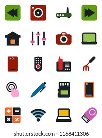 Color and black flat icon set - calculator vector, pen, garden fork, camera, touch screen, radio phone, fast forward, rewind, back, mobile, tuning, sd, wireless, notebook pc, smart home, router