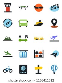 Color and black flat icon set - airport tower vector, departure, arrival, bus, passport, plane, flight table, luggage storage, picnic, bike, sea shipping, route, place tag, compass, mountains, paper