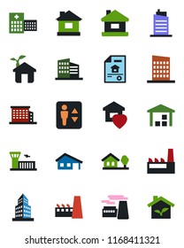 Color and black flat icon set - elevator vector, airport building, factory, house, hospital, warehouse, office, with garage, tree, estate document, sweet home, city, eco
