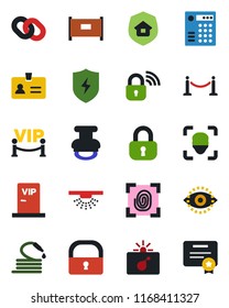 Color and black flat icon set - fence vector, bomb in case, identity, hose, chain, protect, lock, face id, eye, stamp, estate insurance, vip zone, fingerprint, wireless, combination, sprinkler