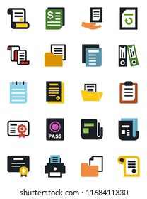Color and black flat icon set - passport vector, contract, office binder, notepad, document, reload, receipt, folder, news, clipboard, printer, certificate