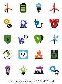 Color and black flat icon set - factory vector, fire, remote control, speaker, battery, protect, charge, sun panel, windmill, socket, power plug, bulb, energy saving, alarm led, gear