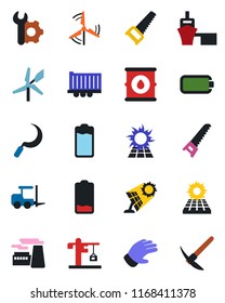 Color and black flat icon set - fork loader vector, factory, glove, saw, sickle, truck trailer, sea port, oil barrel, battery, low, root setup, sun panel, windmill, crane, hard work