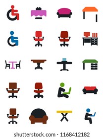 Color and black flat icon set - cafe vector, waiting area, office chair, desk, picnic table, disabled, cushioned furniture, restaurant, man with notebook