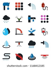 Color and black flat icon set - crisis graph vector, watering, water drop, rain, drip irrigation, dropper, menu, supply, sprinkler