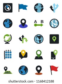 Color and black flat icon set - globe vector, seat map, route, navigation, earth, pin, mobile tracking, network, place tag, compass, flag
