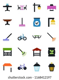 Color and black flat icon set - cafe vector, rake, garden light, picnic table, fertilizer, bike, restaurant, alcove, outdoor lamp