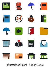 Color and black flat icon set - 24 around vector, umbrella, package, mail, fast forward, scanner, folder, copybook, book, mailbox, jalousie, garage gate control, door, storefront