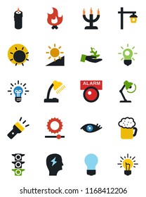 Color and black flat icon set - brainstorm vector, bulb, fire, sun, garden light, eye, traffic, torch, brightness, desk lamp, beer, candle, alarm led, palm sproute, idea