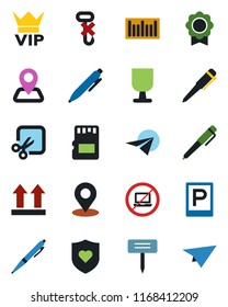 Color and black flat icon set - parking vector, no laptop, vip, pen, plant label, heart shield, navigation, fragile, up side sign, hook, barcode, sd, cut, place tag, sertificate, paper plane