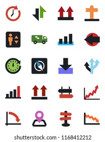 Color and black flat icon set - elevator vector, signpost, left arrow, crisis graph, route, navigation, up side sign, sorting, data exchange, download, compass, bar, moving, clock, growth