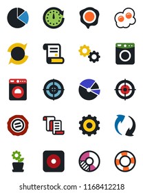 Color and black flat icon set - washer vector, gear, contract, circle chart, stamp, rec button, update, pie graph, target, flower in pot, omelette, clock, crisis management
