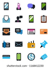 Color and black flat icon set - mobile phone vector, mail, office, network, cell, speaker, paper pin, message, clipboard, reserved, schedule