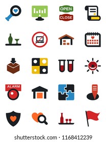 Color and black flat icon set - no laptop vector, statistic monitor, contract, plant label, blood test vial, heart diagnostic, shield, medical calendar, warehouse, package, application, alcohol
