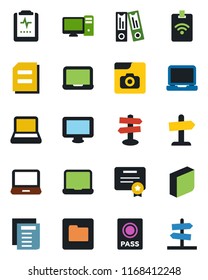 Color and black flat icon set - passport vector, office binder, notebook pc, document, pulse clipboard, signpost, monitor, laptop, folder, photo gallery, blank box, pass card, certificate, guidepost