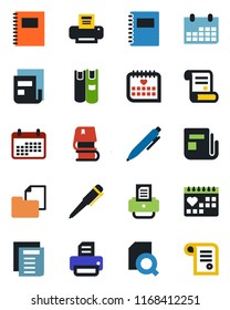 Color and black flat icon set - pen vector, document, calendar, printer, contract, medical, folder, news, copybook, search, book