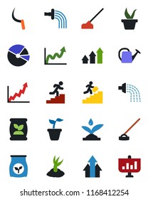 Color and black flat icon set - seedling vector, watering can, sproute, hoe, sickle, fertilizer, pie graph, career ladder, irrigation, arrow up, growth, presentation