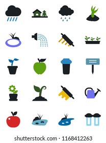 Color and black flat icon set - seedling vector, watering can, sproute, rain, plant label, pond, house with tree, flower in pot, rolling pin, apple fruit, water filter