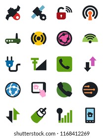 Color and black flat icon set - satellite vector, network, rca, call, data exchange, cellular signal, wireless, power plug, lock, router, home control app