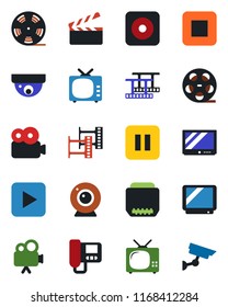 Color and black flat icon set - clapboard vector, film frame, reel, tv, video camera, play button, pause, stop, rec, hdmi, web, intercome, surveillance