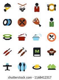 Color and black flat icon set - spoon and fork vector, waiter, restaurant table, serviette, cafe, menu, plates, dress code, kebab, ham, steaming pan, sushi